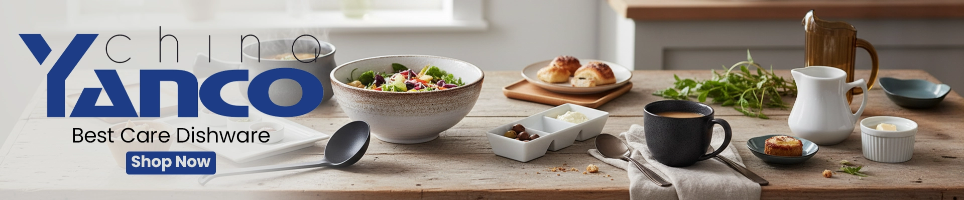 Yanco China dinnerware brand banner showcasing plates and bowls in various textures, colors, and finishes on a blue and white background.